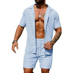 URRU Men's 2 Pieces Outfits Summer Beach Set See Through Sheer Short Sleeve Flower Lace Shirts and Shorts Sets, Medium