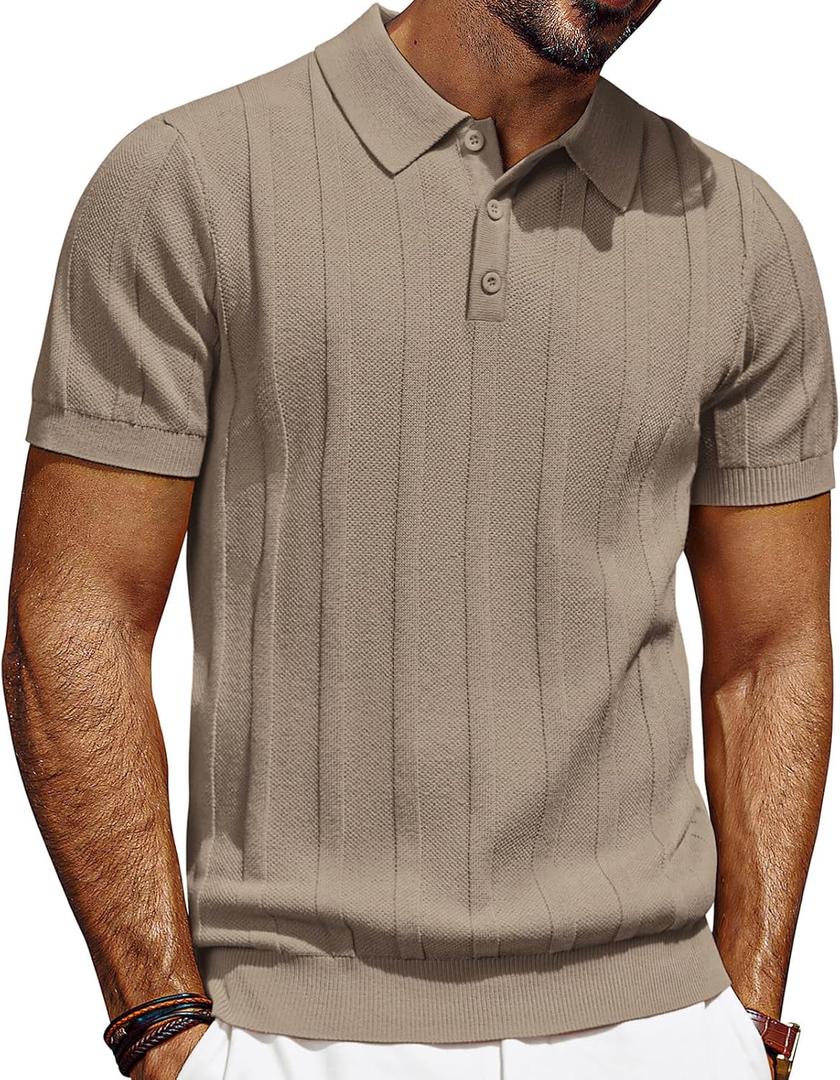 PJ PAUL JONES Mens Polo Shirts Short Sleeve Textured Knit Polo Shirt Ribbed Casual Golf Shirts (Small, Camel)