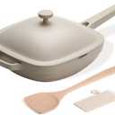 USELUCK 10.5 Inch(3.8QT) Ceramic Pan with Lid,Non Stick Frying Pans Cast Aluminum Deep Saut Pans,Ti-Ceramic Non Toxic Pix Pan with Wooden Spatula and Scrubber-Morning Mist