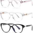 PEYEOISD Pack of 3 Fashion Cat Eye Reading Glasses Women, Ladies Cateye Anti Blue Light Readers, Cute Anti Glare/UV Eyeglasses