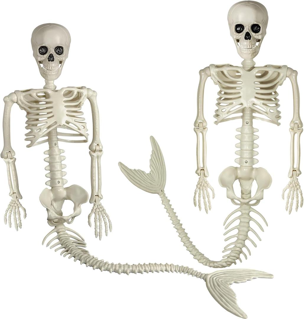 38 Inches Halloween Mermaid Skeleton, 2 Pcs Halloween Skeleton Mermaid with Posable Movable Jonints and SoftTail for Halloween Decoration Decor Spooky Scene Party Favors, White, MRYSKE-01