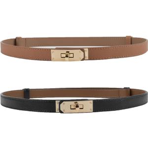 FENLDY Adjustable Thin Belts For Womens Skinny Belts For Dresses Womens Solid Color Alloy Turn Lock Belts For Jeans (Gold Buckle Black+caramel)