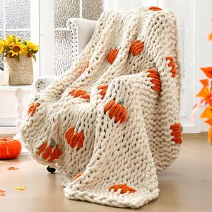 Mindsoft Fall Pumpkin Chunky Knit Throw Blanket 50" x 60",Beige