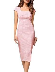 JASAMBAC Women's Vintage Midi Pencil Dress Tweed Cap Sleeve Sheath Dress Square Neck Work Dresses (10, Black)