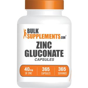 BulkSupplements.com Zinc Gluconate Capsules - Zinc Supplements, for Immune Support - Gluten Free, 1 Capsule per Serving, 365 Count (Pack of 1) BB:01/31/2028