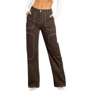Sidefeel Women's Cargo Jeans Casual Loose Mid Rise Wide Leg Denim Pants 10