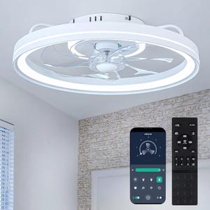 zouzai Low Profile Ceiling Fan with Lights and Remote, 18.9 inch Modern Ceiling Fans Flush Mount, Dimmable LED Fan Light, Ceiling Fans with Lights for Bedroom (White, Frosted Ring) (Style 1)