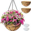 2 Pack 14 Inch Hanging Flower Baskets for Outdoor Plants Large Metal Wire Planters with Coco Liner Pot for Home Planting Round Watering Plant Holders for Outside Garden