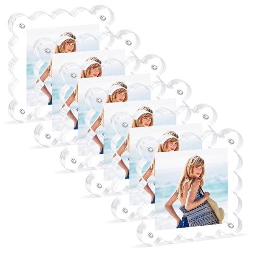 Novacrylion Acrylic Magnetic Picture Frames 4x4-6Pack Clear Freestanding Photo Frame.Double-Sided Scalloped Edges, 10+10mm Thick Block, for Modern Desktop Display &Perfect for Gifts (6 Pack, 4X4)