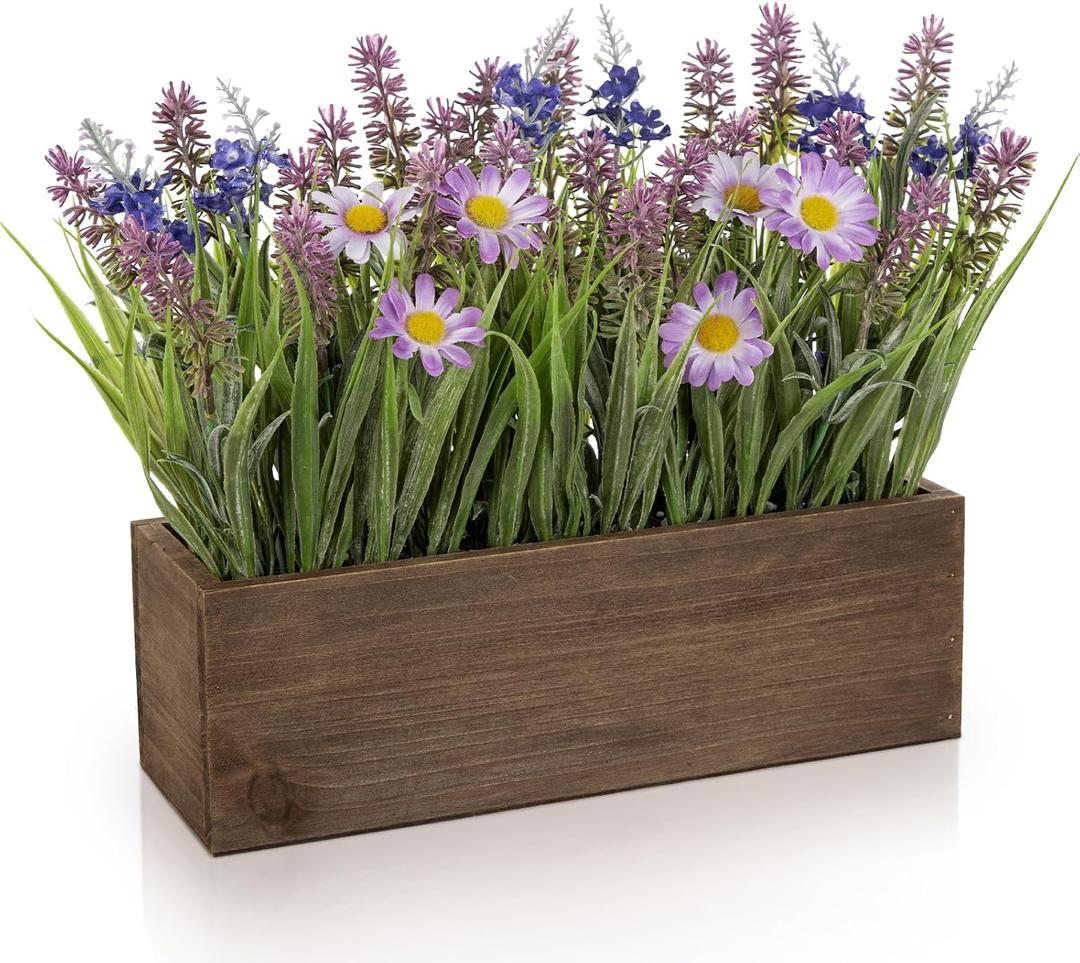Artificial Lavender Flowers Arrangement in Rectangular Wood Planter Box, 10.6" Fake Potted Lavender Flowers with Daisies, Faux Lavender Plant for Centerpieces, Window Sill, Shelf, Home & Office Decor