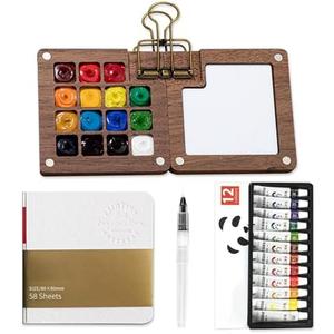 Mini Watercolor Paint Set Pocket Artist Watercolor Travel Set with Mini Paint Palette,Brushes, 12 Colors, Watercolor Sketchbook for Artists Painters Students(Wood)