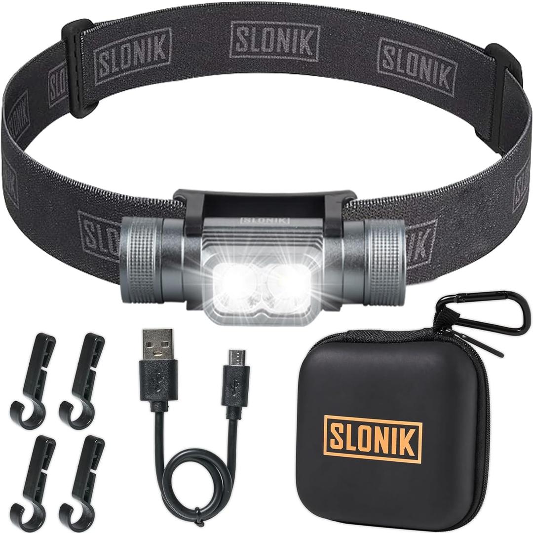 SLONIK Headlamp Rechargeable - 1000 Lumen LED USB Rechargeable Headlight - IPX4 Waterproof Head Lamp with Bright 60 ft Flashlight Beam - Hiking & Outdoor Camping Gear, Black - LED Headlamp (1000l Gen 2)