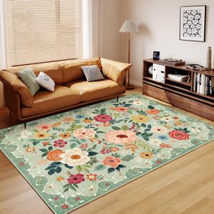 DUKINO 6'x9' Area Rug, Floral Rugs for Living Room, Lightweight Non Slip Washable Rug, Indoor Low Pile & Non-Shedding Boho Design Rugs for Bedroom, Living Room, Dining Room, Green