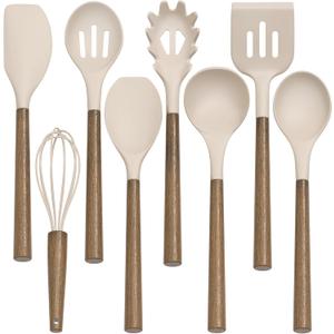 Silicone Kitchen Cooking Utensil Set, 9Pcs Kitchen Utensils Spatula Set with Wooden Handle for Nonstick Cookware, 446F Heat Resistant Silicone Kitchen Gadgets Utensil Set with Large Holder, Khaki