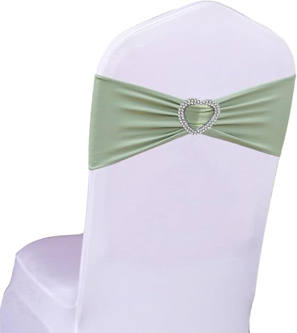 Sage Green Chair Sashes 50 Pack Spandex Sage Sashes for Chairs Covers Stretch Chair Sashes Band with Heart Buckle Slider for Wedding Banquet Party Decorations