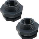 2pcs NPT1 PVC Bulkhead Fitting, 1 Inch Plastic Water Tank Connector Threaded Thru-Bulk Pipe Fittings for Rain Barrels, Aquariums, Bucket Hose Adapter, Ponds, Pools