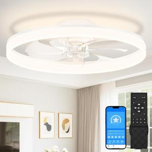 VOLISUN Low Profile Ceiling Fans with Lights and Remote, 24in Fandelier Ceiling Fan Flush Mount, 3000K-6500K Smart Bladeless LED Fan Light, White Modern Ceiling Fans with Lights for Bedroom