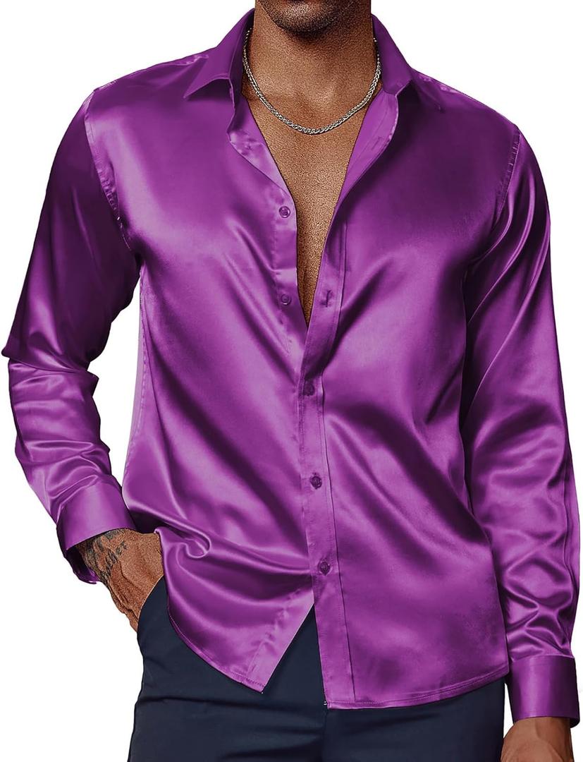 PJ PAUL JONES Men's Shiny Satin Dress Shirts Long Sleeve Button Down Silk Shirt with Bow Tie (Medium, Purple)