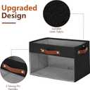 Large Storage Baskets with Clear Window, See Through Closet Organizer with PU Handles, Linen Foldable Storage Bins for Organizing Clothes, Toys, Books (Black) (Large-14.9"x9.8"x9.8")