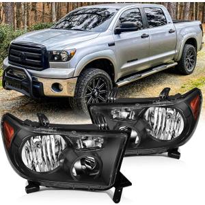 Headlight Assembly Pair for 2007-2013 Toyota Tundra (with/without Level Adjuster)/2008-2017 Toyota Sequoia Headlamps Head Lights Replacement Driver and Passenger Side,Black Housing Amber Reflector