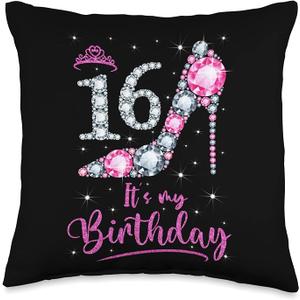 16 Years Old Birthday Women Pink Crown Shoe Girl 16 Pink High Heel 16th Birthday Girl Women Throw Pillow, 16x16