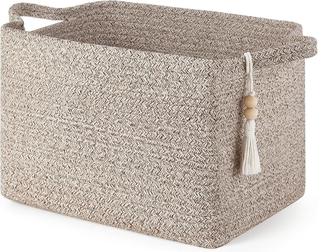Mkono Woven Storage Basket, Cube Cotton Rope Basket for Shelves, Clothes, Toys, Towels, Books, Rectangle Bin with Handles for Organizing, Decorative Gift, 13'' x 10'' x 9'', Brown (1 Pack)