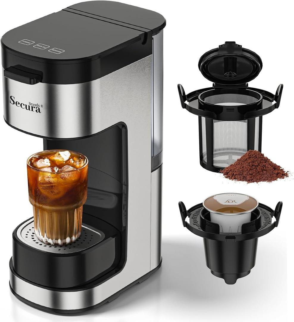 Single Serve One Cup Coffee Maker, for K Cups and Grounds, 3 Brew Styles, 6 to 12 Oz Brew Sizes Coffee Machine with Romvable Drip Tray & Reservoir