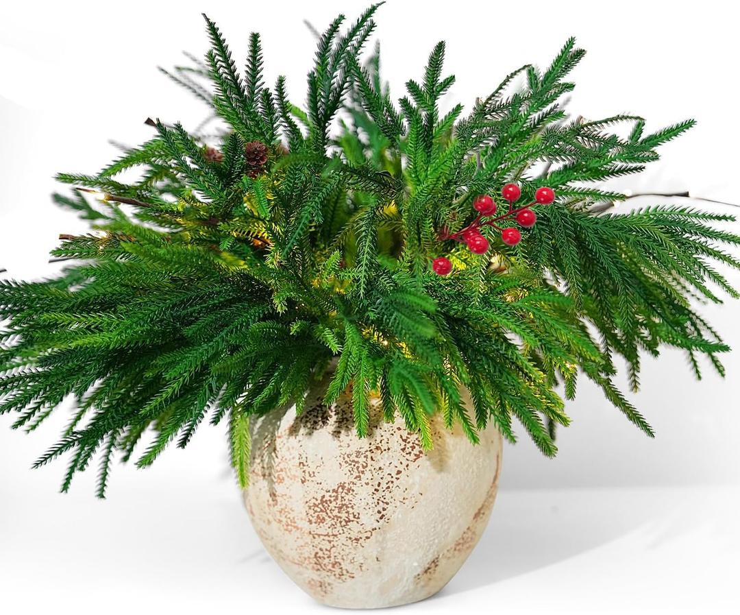 Norfolk Pine Branches, 12pcs Artificial Plants Norfolk Garland Real Touch Artificial Pine Branches Christmas Greenery, DIY Crafts for Xmas Indoor Outdoor Home Party New Year Decor