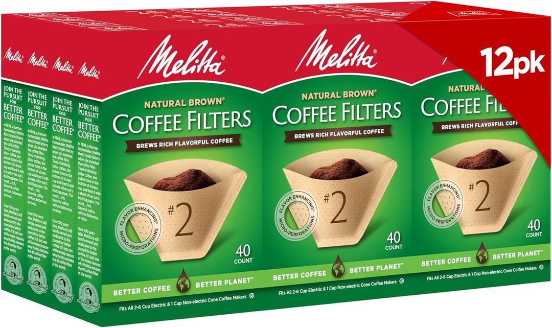Melitta #2 Cone Coffee Filters, Unbleached Natural Brown, 40 Count (Pack of 12) 480 Total Filters Count