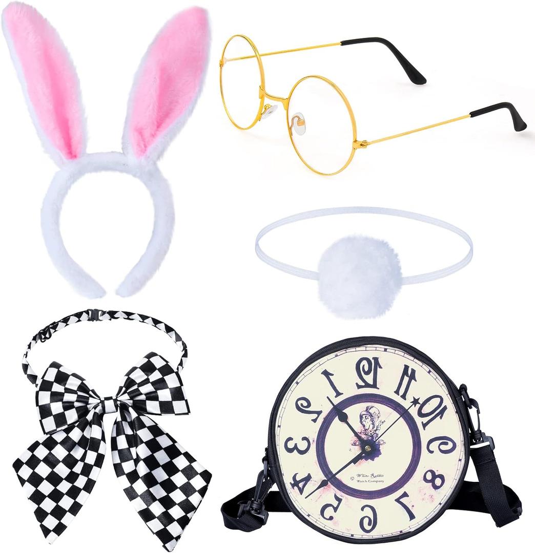 Keymall Easter Wonderland White Rabbit Accessory Kit 5Pcs Bunny Ear Tail Bowtie Round Glasses Bag Props For Easter Halloween
