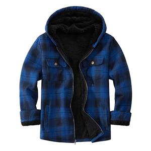 Ephemoca Men's Warm Sherpa Lined Full Zip Hooded Plaid Shirt Jacket Long Sleeve Fleece Shirt Plaid Flannel Jacket Royal Blue Large XL