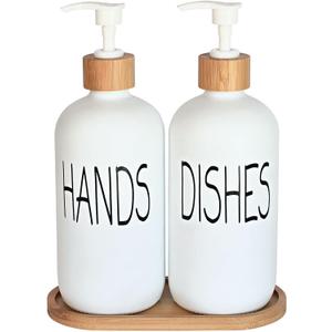 Glass Soap Dispenser Set - Hand Soap and Dish Soap Dispenser with Bamboo Tray. Vintage Soap Dispenser with Pump for KitchenKitchen Drain Outlet and Bathroom. Stylish Permanent Labels (Matte White)