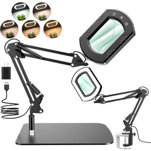 15X Rectangle Magnifying Glass with Light and Stand, Hands-Free Real Glass Lighted Magnifier, Touch Control 5 Color Modes Stepless Dimmable, 2-in-1 LED Desk Lamp with Clamp for Close Work, Reading