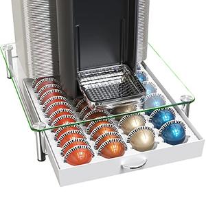 DecoBrothers Crystal Tempered Glass Vertuo Pod Holder Drawer, 24 Large or 48 Small Nespresso Capsule Organizer, White