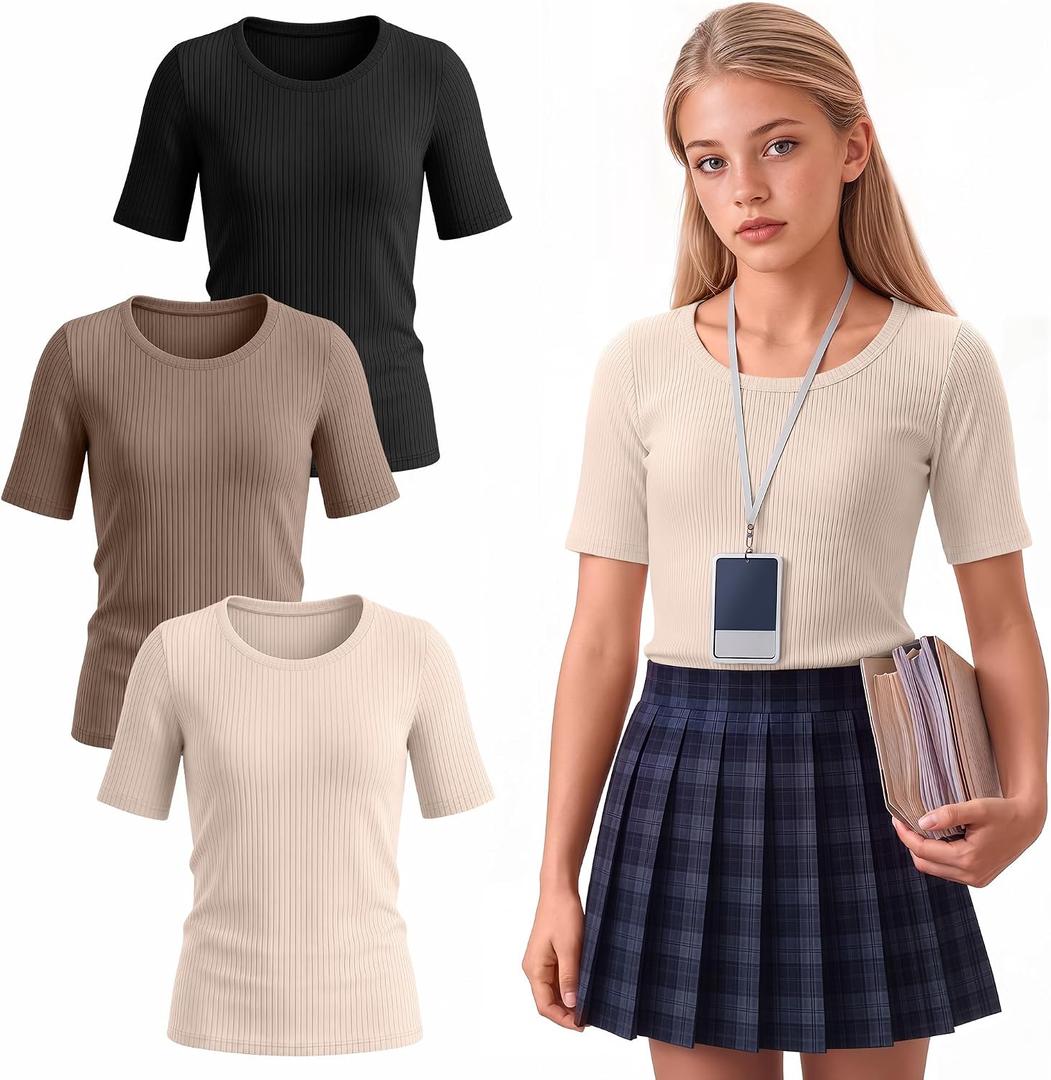 3 Pack Girls Ribbed T-Shirts | Short Sleeve, Crewneck, Slim Fit, Stretchy, Soft, Athletic, Basic Tees, Summer, Kids 5-14 Years