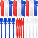 Gerrii 150 Pieces Green Disposable Plastic Cutlery Set Plastic Utensils Plastic Silverware Set Includes Spoons, Forks, and Knives for St Patricks Day Party Supplies (White,Red,Blue)