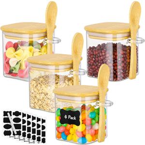 Glass Jars with Bamboo Lids - 4 Pack 10 Fl.oz Square Glass Spice Jars with Airtight Lid and Spoon, Kitchen Pantry Container Stackable Food Canister Set for Coffee, Sugar, Tea, Candy, Oats