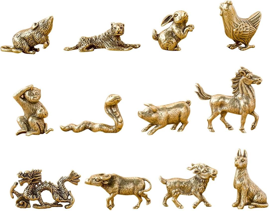 12 Pieces Chinese Zodiac Set Brass Figurine Vintage Birthday Gifts Animal Statue Mini Zodiac Statues for Office Desktop Home