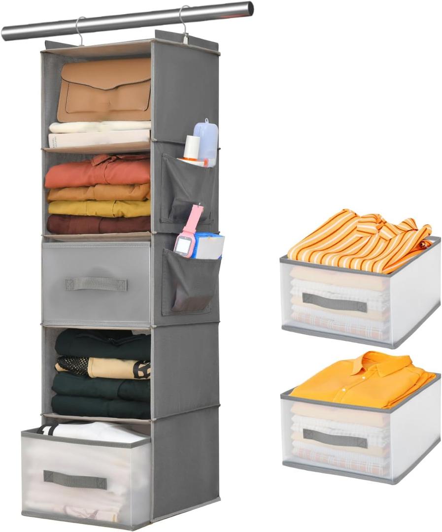 5-Tier Hanging Organizer for Closet, Fabric Closet Organizer with 2 Hooks, 2 Pull-Out Drawers, Foldable Space-Saving Storage (Gray), 11.8" W x 11.8" D x 39.4" H