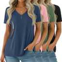 4 Pack Women's Nursing Shirts for Breastfeeding with Hidden Zipper V Neck Short Sleeve Loose Fit Maternity Tops(Haze Blue, Baby Pink, Apple Green, Black, Small)