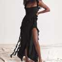 Womens High Slit Bodycon Maxi Dress Ruffle Flowy Sleeve Square Neck Midi Dress Party Dress (Black, L)