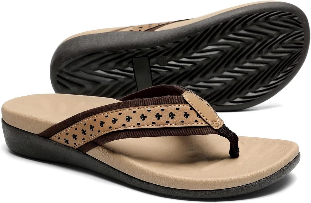 MEGNYA Womens Orthopedic Sandals with Arch Support, Summer Plantar Fasciitis Flip Flops for Flat Feet, Comfortable Cushioned Foam Slippers for Outdoor Beach (8, W2-brown)