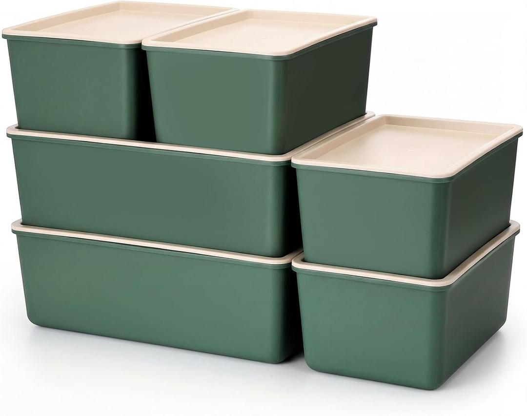 Menkxi 6 Pcs Large and Small Plastic Storage Bins with Lids 14.4 x 10.4 x 5.1 Inch Stackable Storage Containers Decorative Cubby Organizer for Clothes Shelves Garage Closet Office(Green)