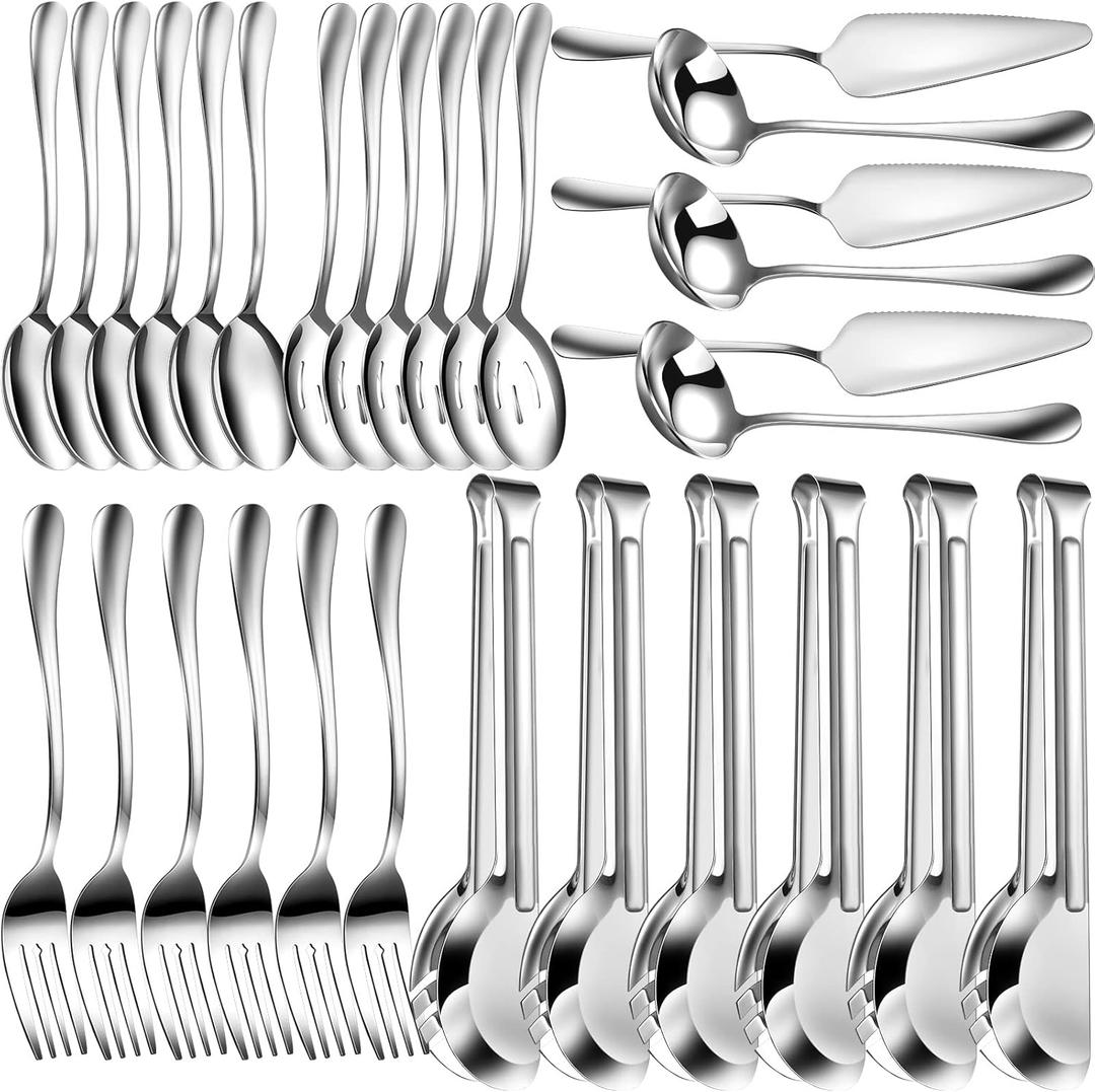 Thenshop 30 Pcs Stainless Steel Serving Utensils Set Flatware Set Include Large Serving Spoons Slotted Spoons Forks Soup Ladle Pie Server and Tongs for Buffet Party(Silver)