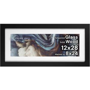 Frame Amo 12x28 Black Solid Wood Poster Frame, White Mat for 8x24 Image, Tempered Glass Front, 1.5 inch Wide, 1 inch Thick, High-End, Heavy-Duty, Gallery Grade & Acid-Free