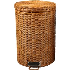 CUTMKGK Rattan Round Foot Pedal Trash Can with Lid,Kitchen Wicker Garbage Can Bedroom Retro Office Silent Handwoven Wastebasket(Brown,12L)