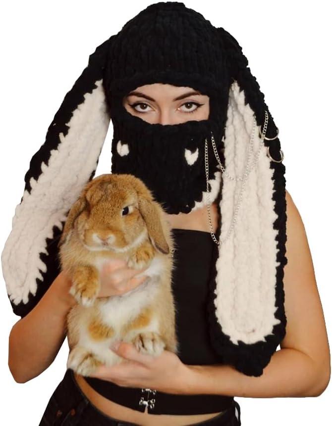 Y2k Knit Balaclava Face Mask for Women Men Bunny Ear Horn Ski Scarf Winter Warm Hat Knit Skull Beanie for Halloween (One Size)