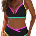 popvil High Waisted Bikini Sets for Women Neon Two Piece Swimsuit Sexy High Cut 2026 Bathing Suit (Medium, Black)