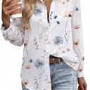 Zeagoo Button Down Shirts for Women Dressy Casual Floral Printed Collared Chiffon Blouse Long Sleeve Business Work Tops (White)