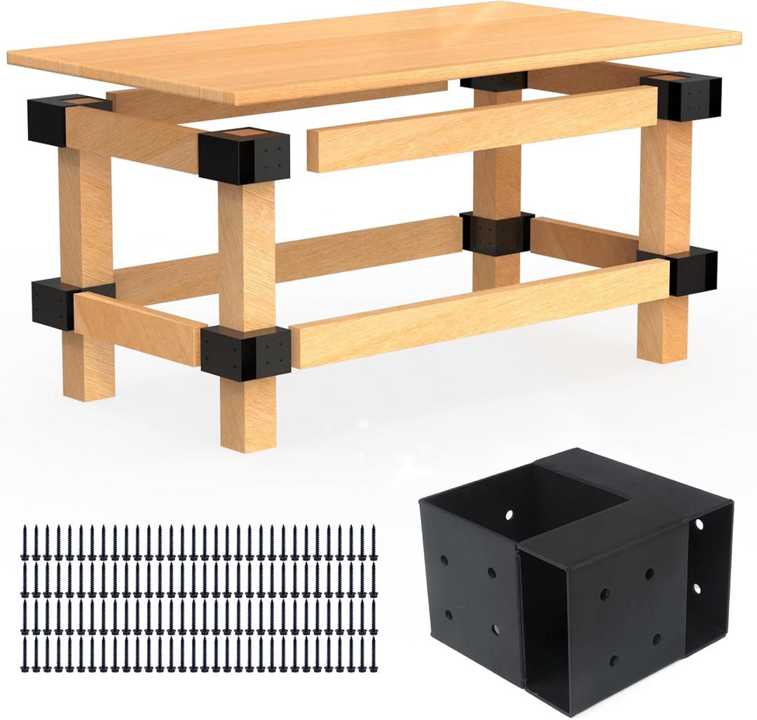 Heavy Duty Workbench Bracket Kit – Set of 8 Steel 3-Way Brackets for 4x4 and 2x4 Lumber, Ideal for DIY Garage Work Bench Legs, Woodworking Tables, Workshop Shelves, Planer Stands, and Kitchen Islands